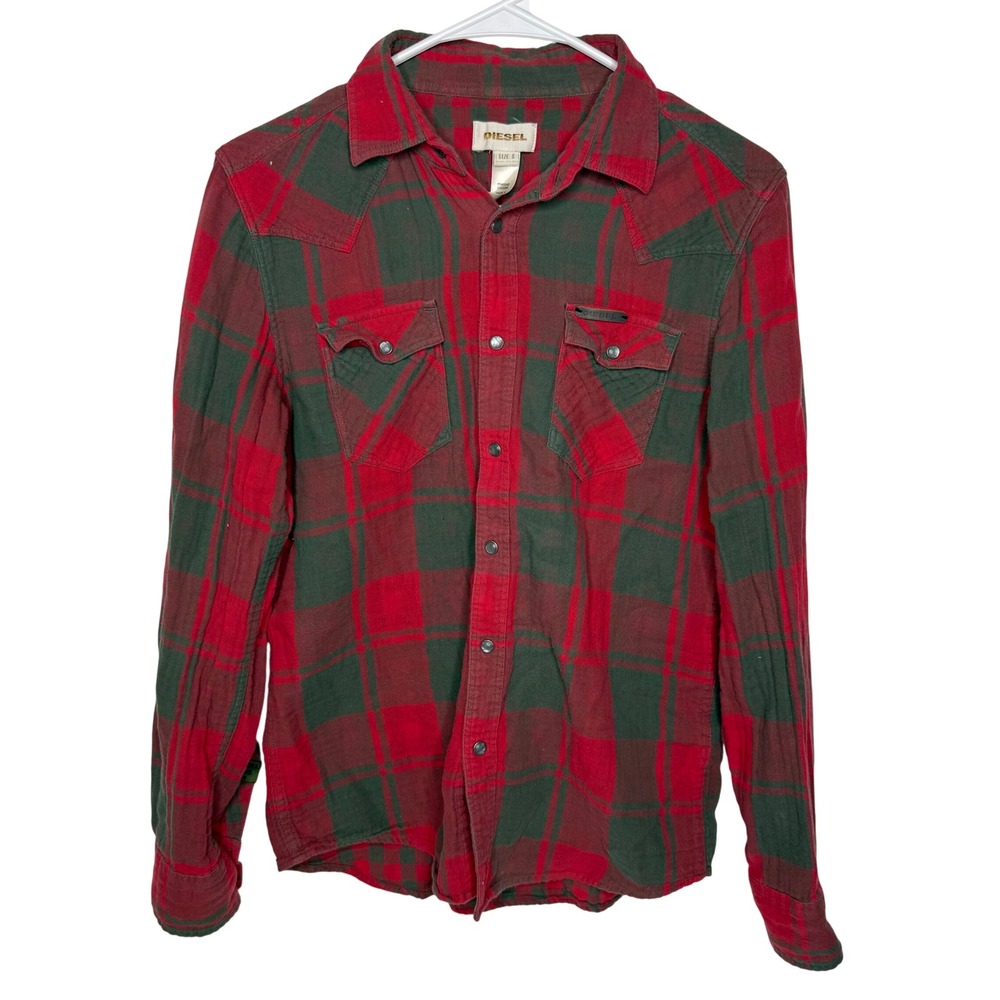 Diesel Mens Red Plaid Western Flannel Snap Button Long Sleeve Shirt Size S